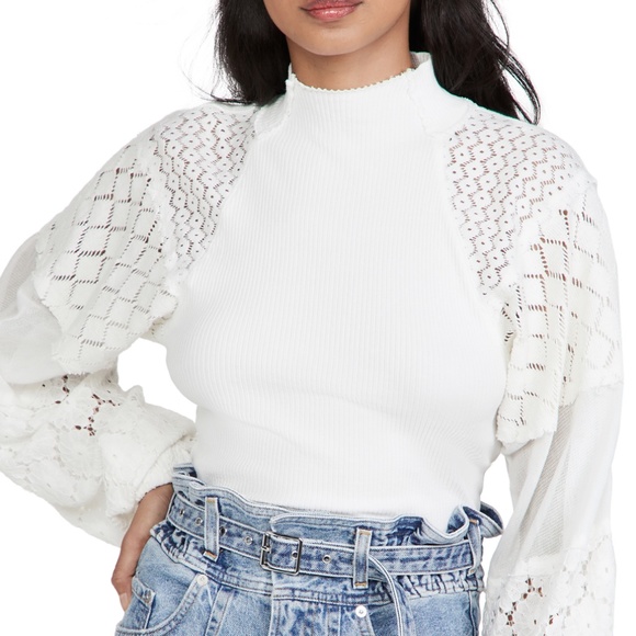 FREE PEOPLE Love Too Much Lace Sleeve Top In Ivory XS like new - Picture 3 of 13